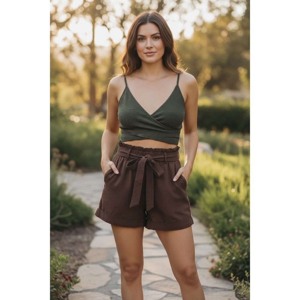 Aerie Womens Small 2 Piece‎ Set Ribbed Camisole Top Cuffed Shorts Brown Green